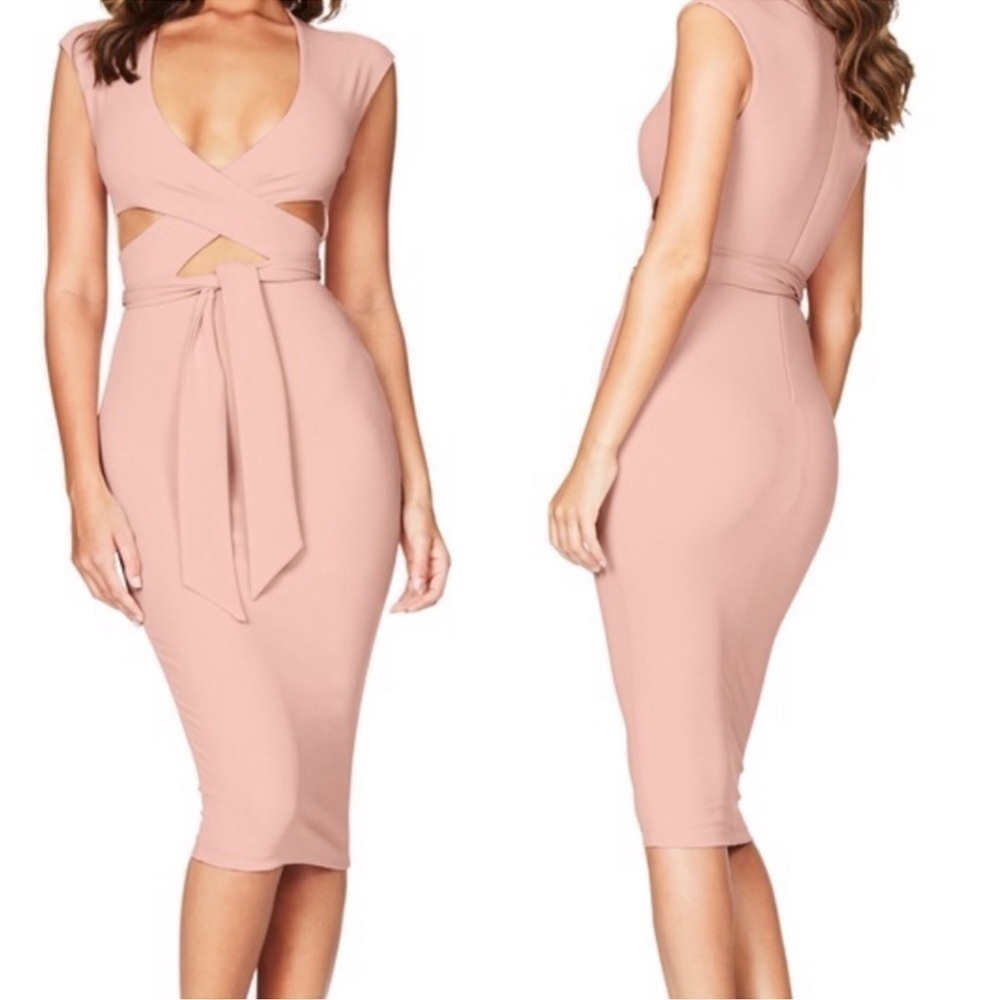 Nookie Pink Cut-Out Wrap Tie Midi Dress Medium